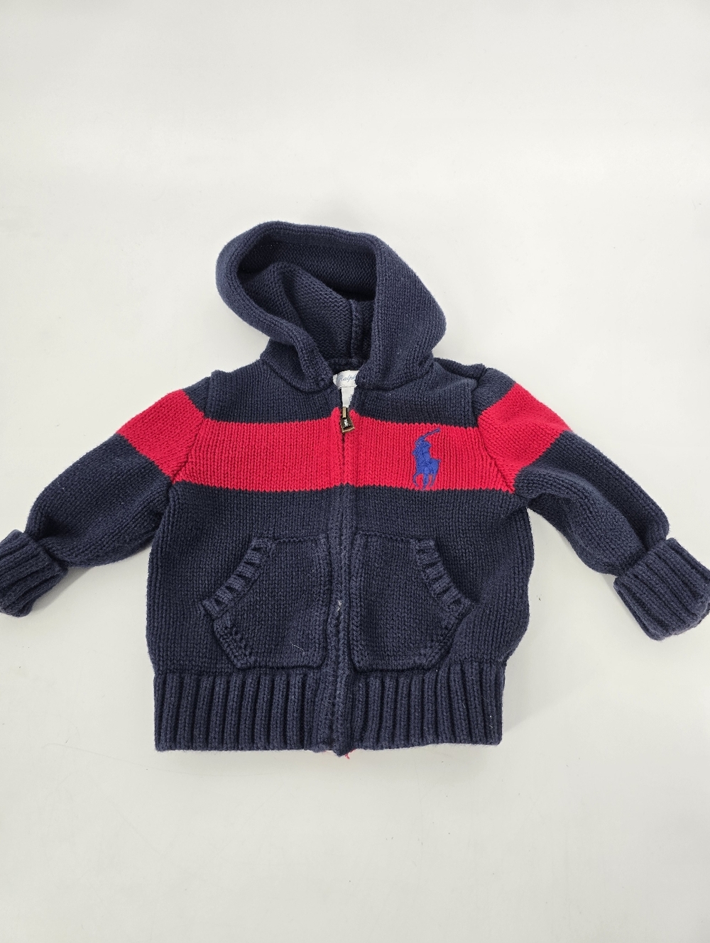 Ralph Lauren Baby Boy Knit Zip Up Logo Sweater Blue Red Stripe 6M